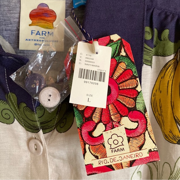NEW FARM Rio x Anthropologie Puff Sleeve Button Down Blouse Bananas Linen Size L - Picture 16 of 16